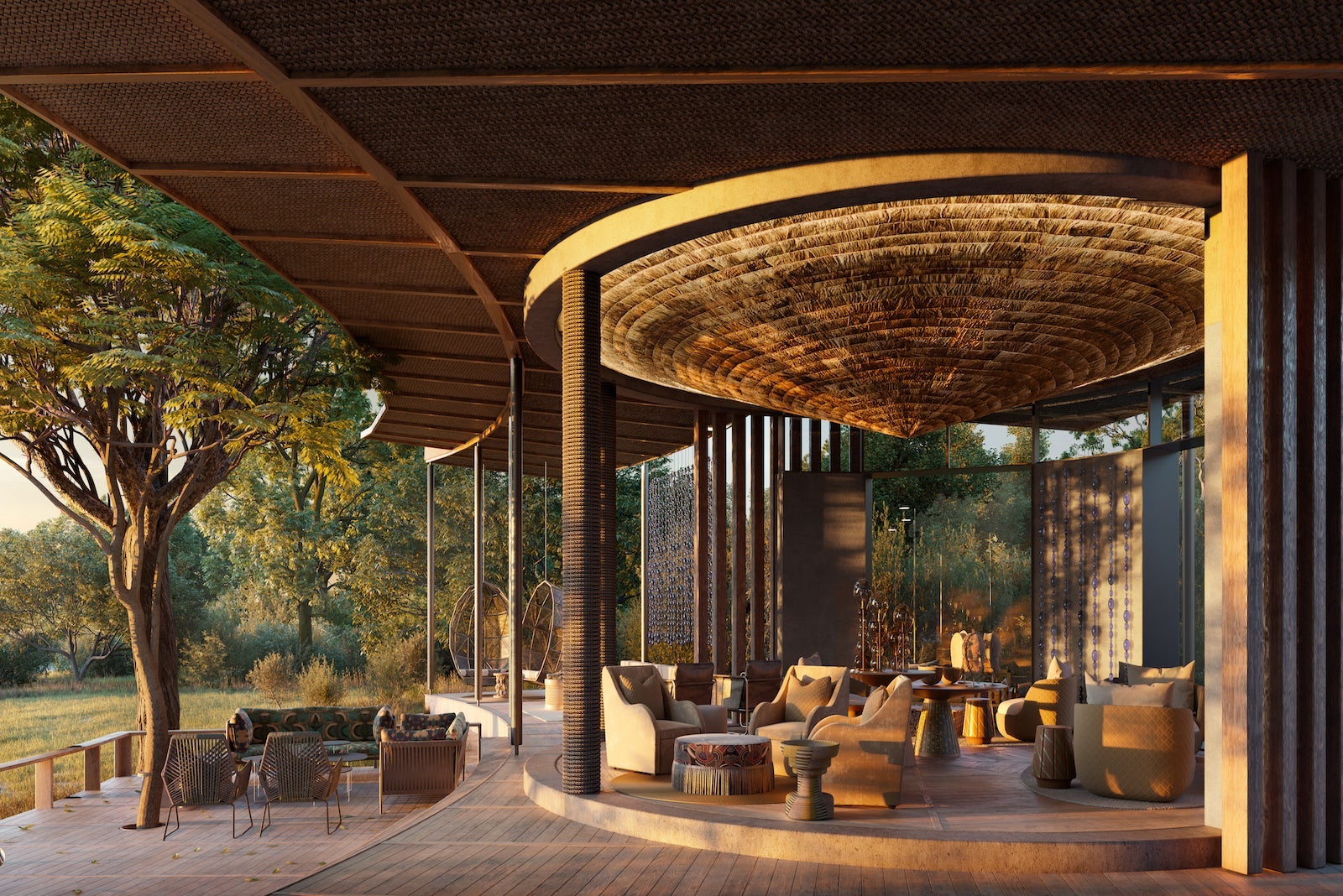 large indoor-outdoor seating area with trees, armchairs and wooden panels