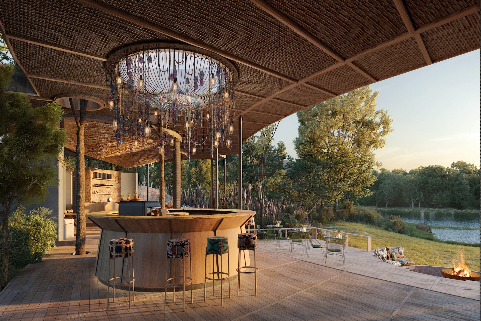 rendering of indoor/outdoor bar with hanging chandelier and river