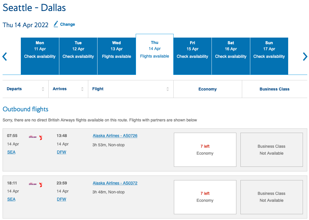SEA to DFW on BA website