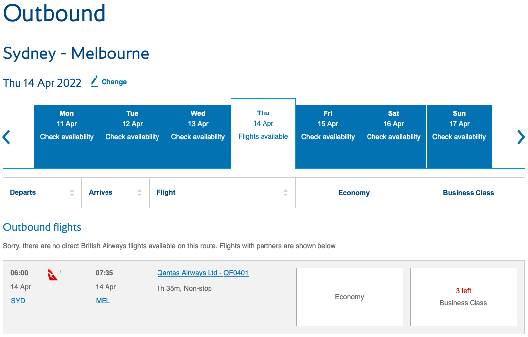 SYD to MEL on BA website
