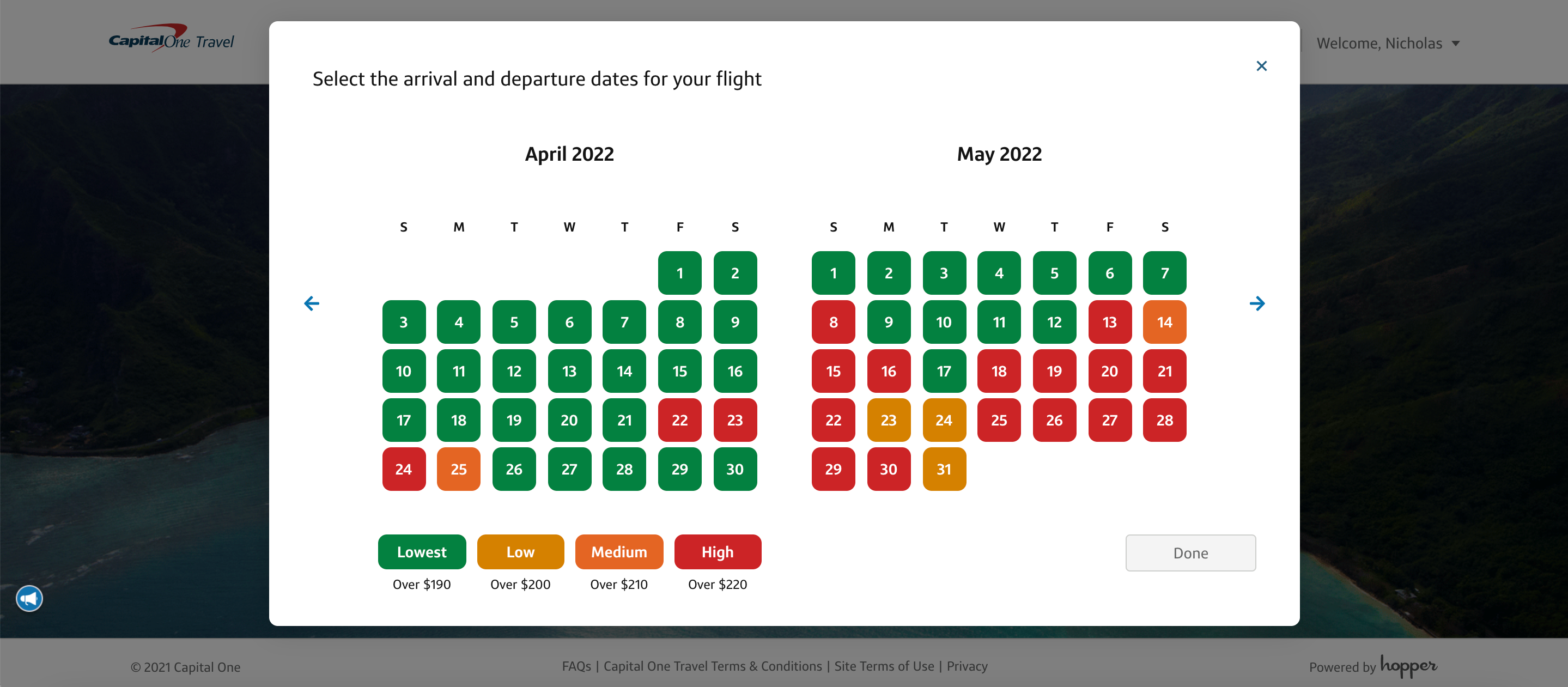 Color-coded calendar of flights through Capital One Travel