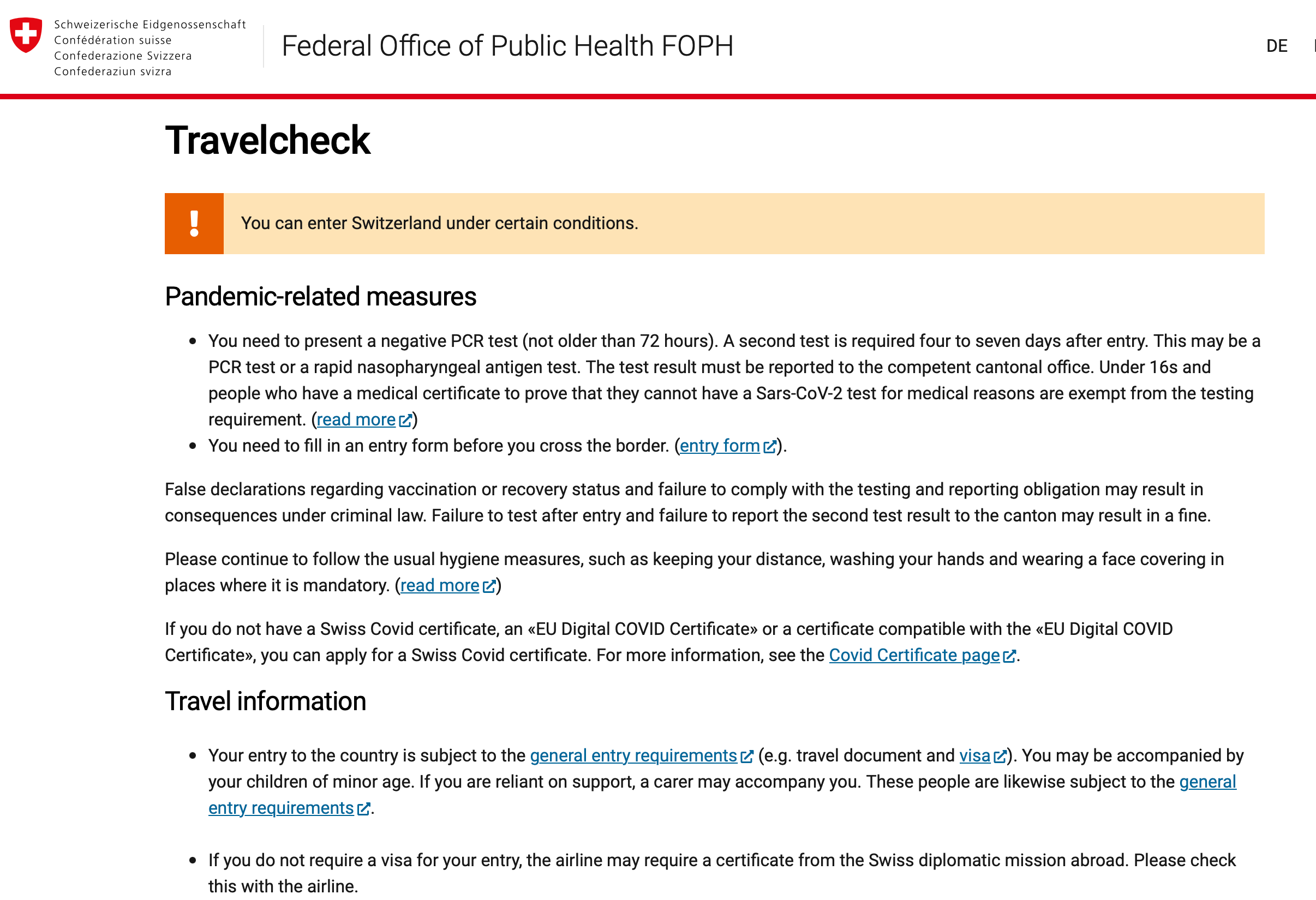 Swiss Travel Check website tentative approval page. (Screenshot courtesy https://travelcheck.admin.ch/check)