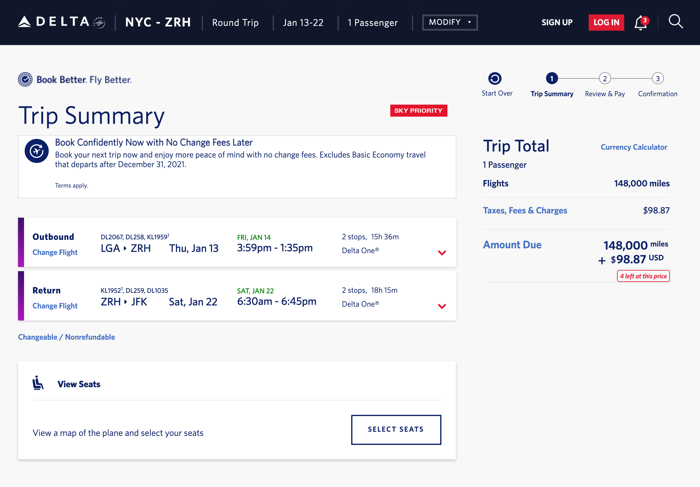 Delta SkyMiles award to Zurich. (Screenshot courtesy Delta)