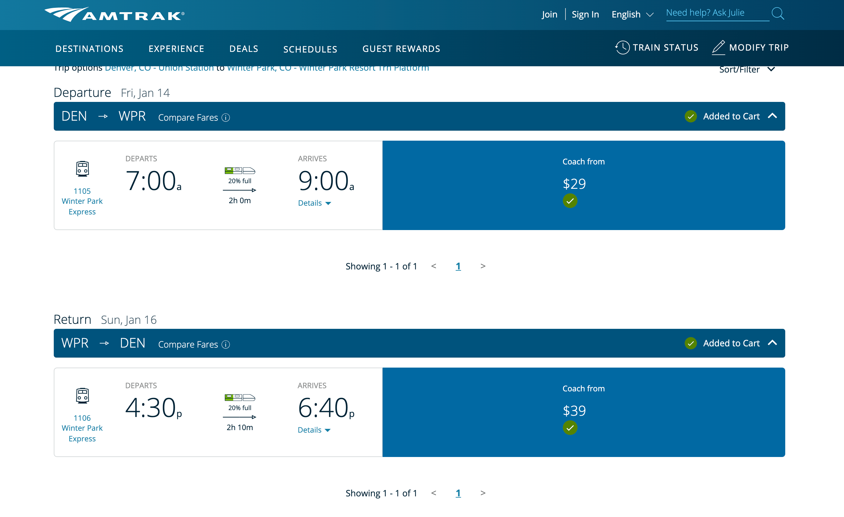 Booking page for train journey to Winter Park. (Screenshot courtesy Amtrak)