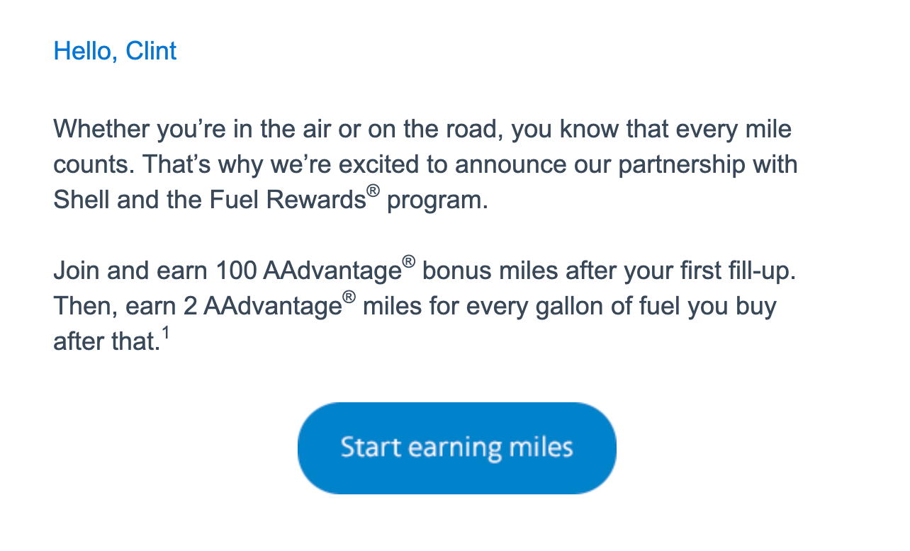 American Airlines AAdvantage new Fuel Miles program email. (Screenshot courtesy AA)