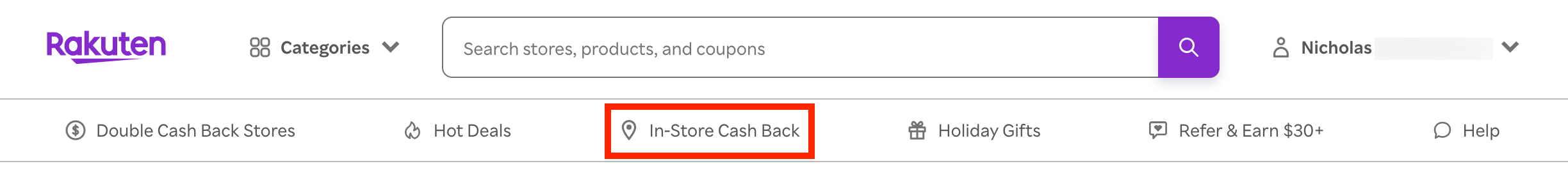 The banner at Rakuten's website showing where to click for in-store offers