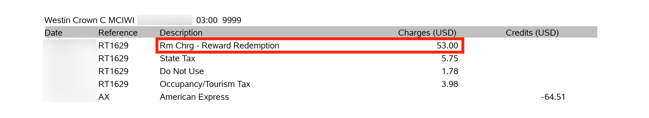 Part of a hotel bill from the Westin Crown Center in Kansas City, Missouri
