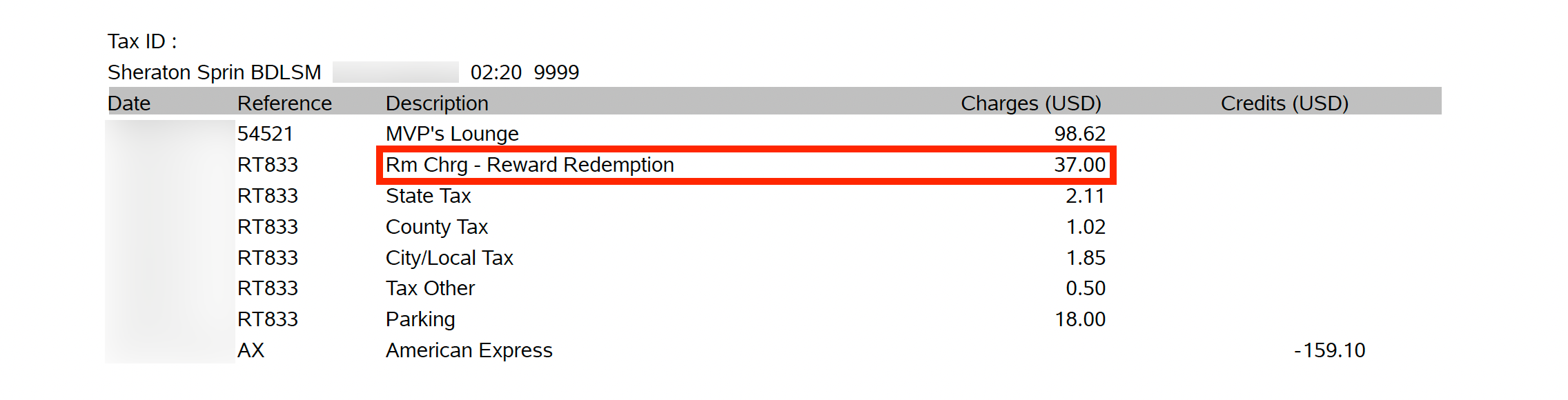 Part of a hotel bill at the Sheraton Monarch Place in Springfield, Massachusetts
