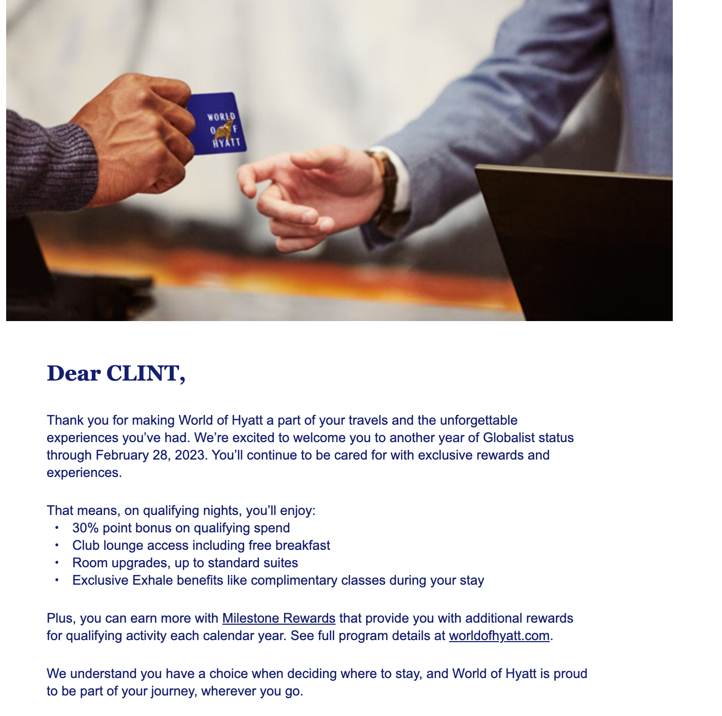 Globalist welcome email. (Screenshot courtesy World of Hyatt)