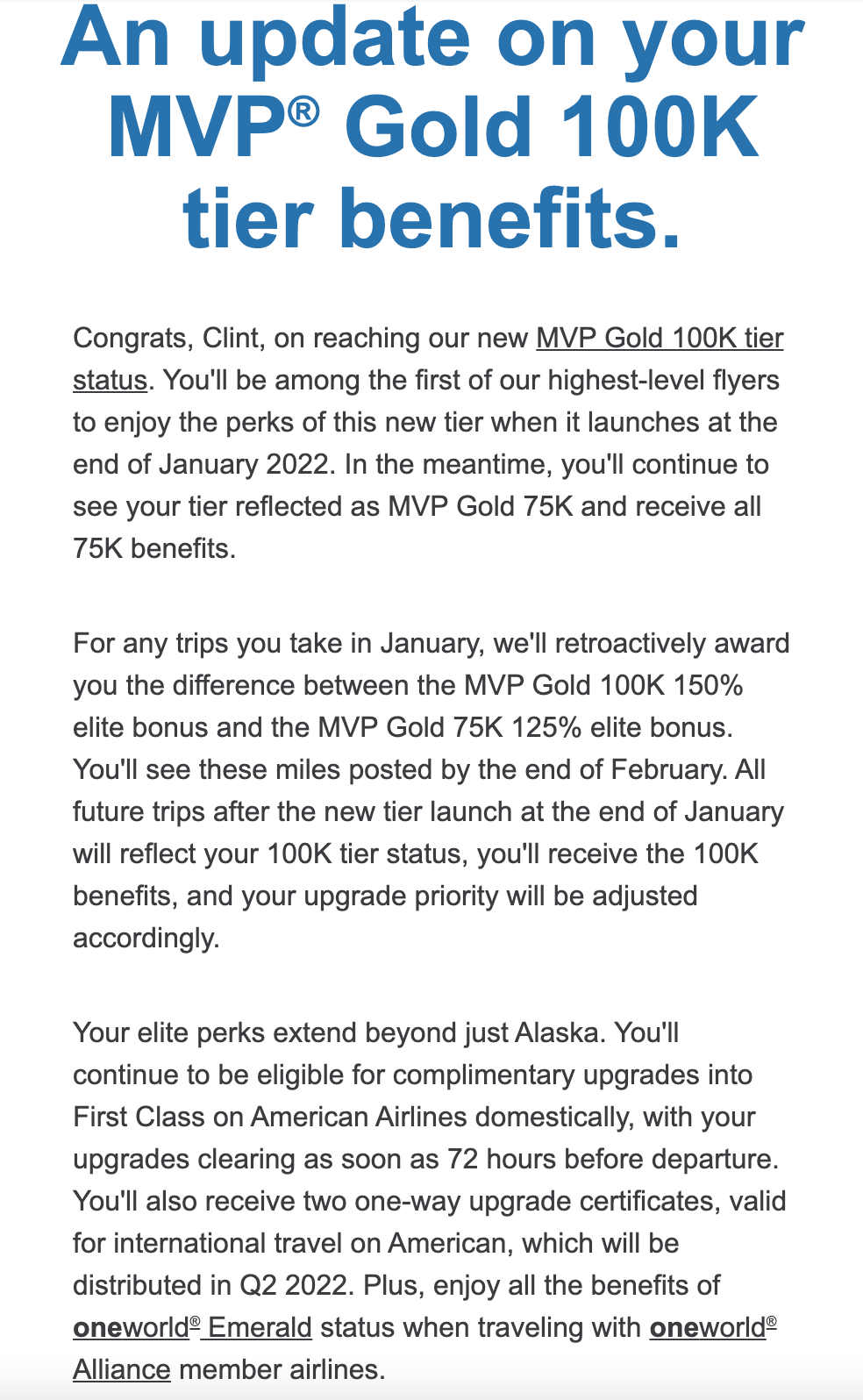 Alaska 100K MVP benefits email. (Screenshot courtesy Alaska)