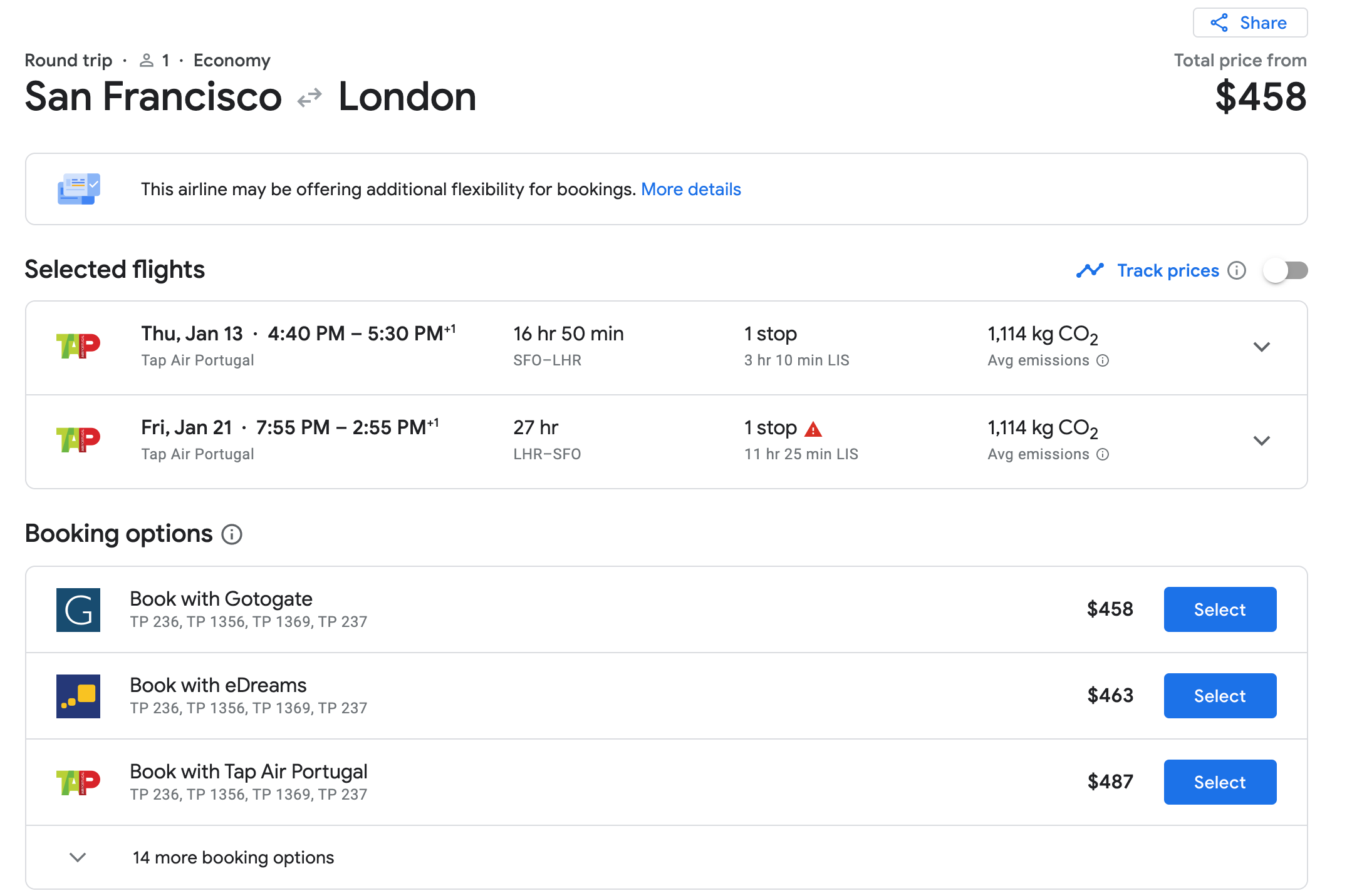 Tap Air Portugal from SFO to LHR for less than $500. (Screenshot courtesy Google Flights)