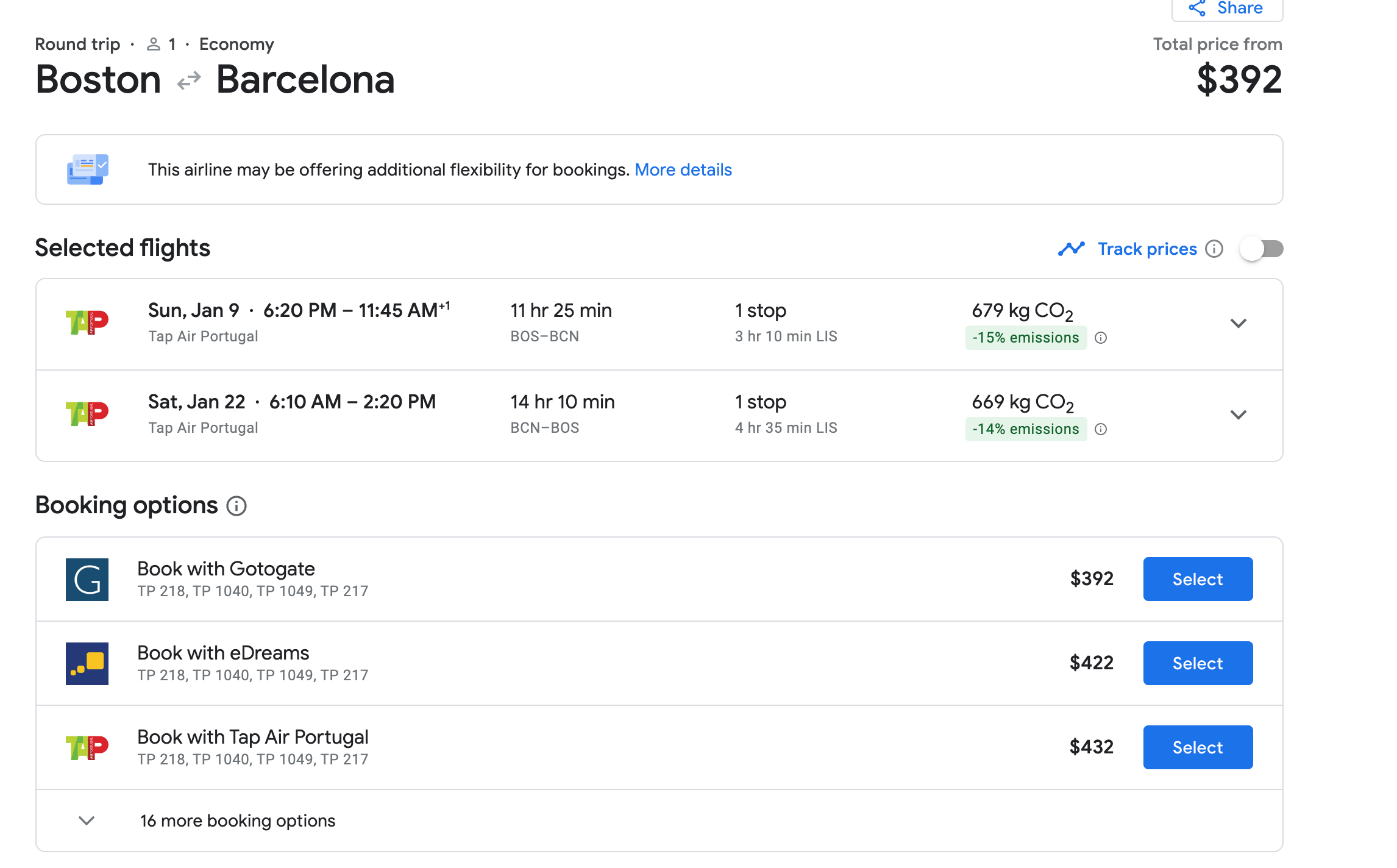 Boston to Barcelona on Tap Air Portugal for $392. (Screenshot courtesy Google Flights)