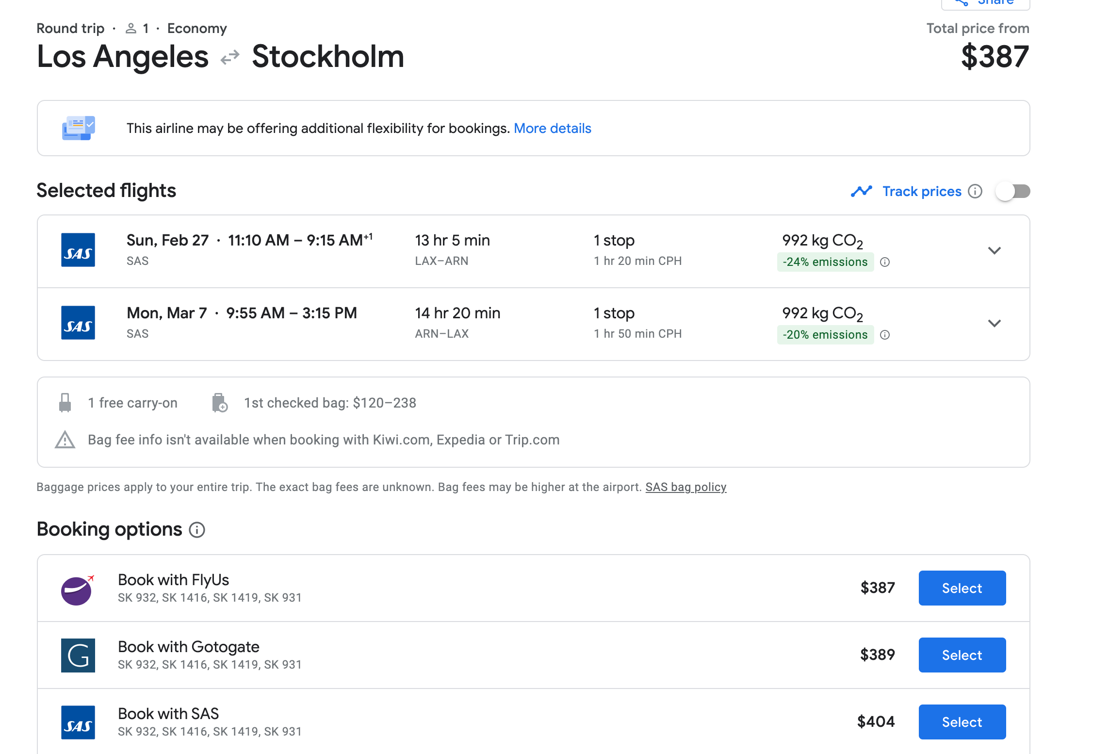 Los Angeles to Stockholm on SAS for $392. (Screenshot courtesy Google Flights)
