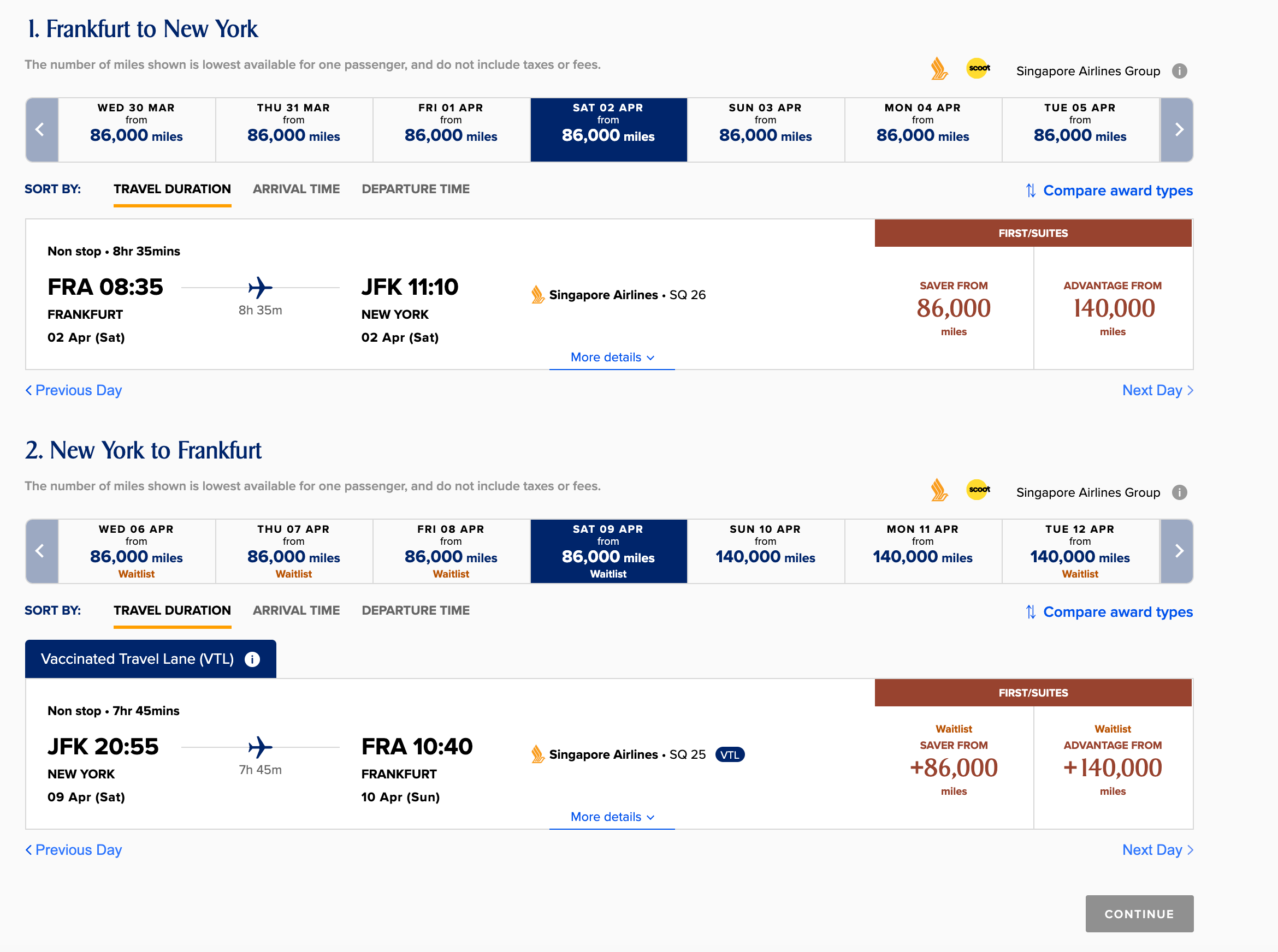 Award availability between Frankfurt and New York. (Screenshot courtesy Singapore Airlines)
