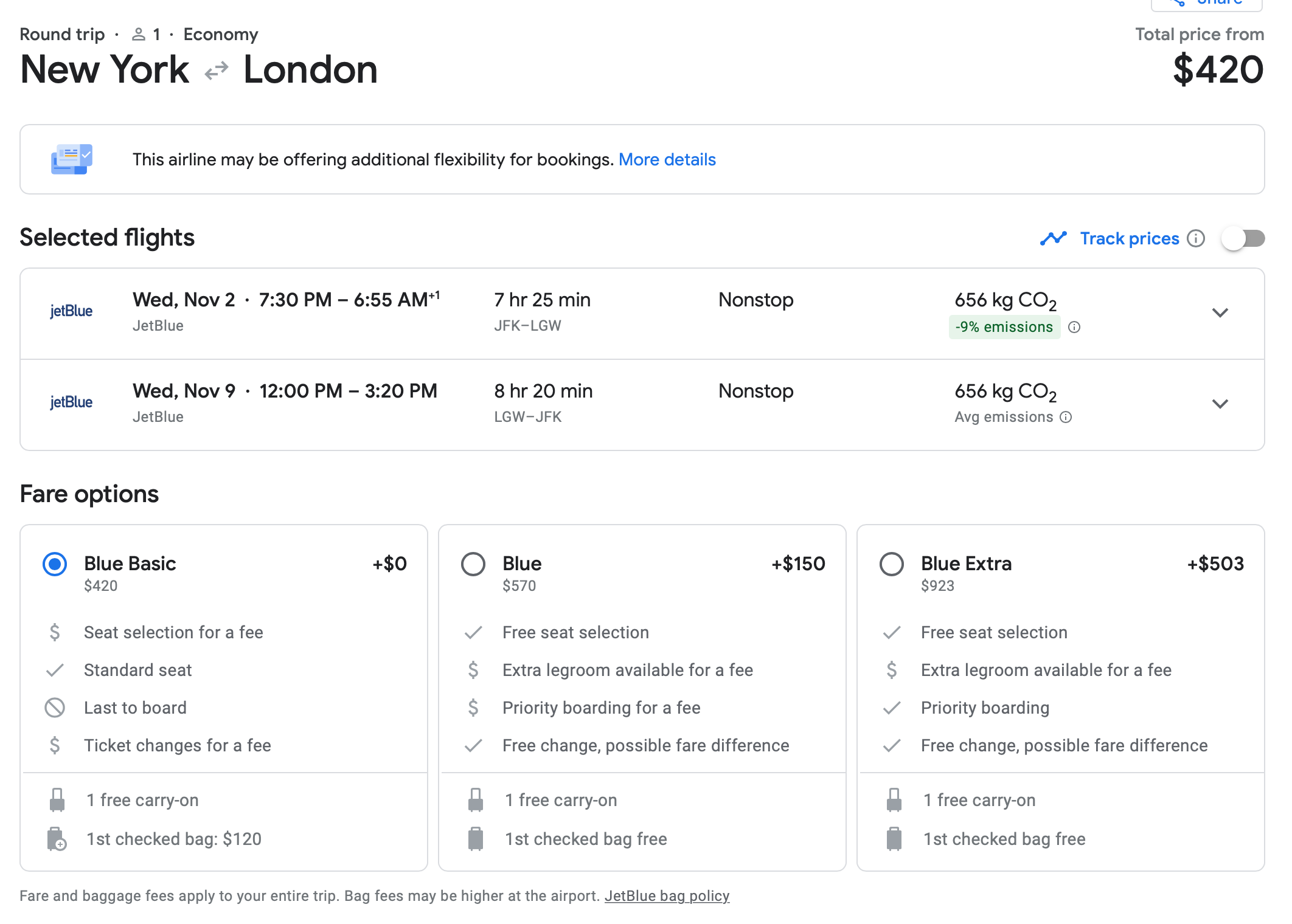 NY to London on JetBlue for $420. (Screenshot courtesy Google Flights)