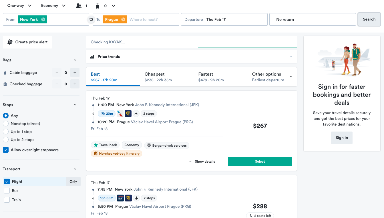 Searching for a flight from New York to Prague on Kiwi