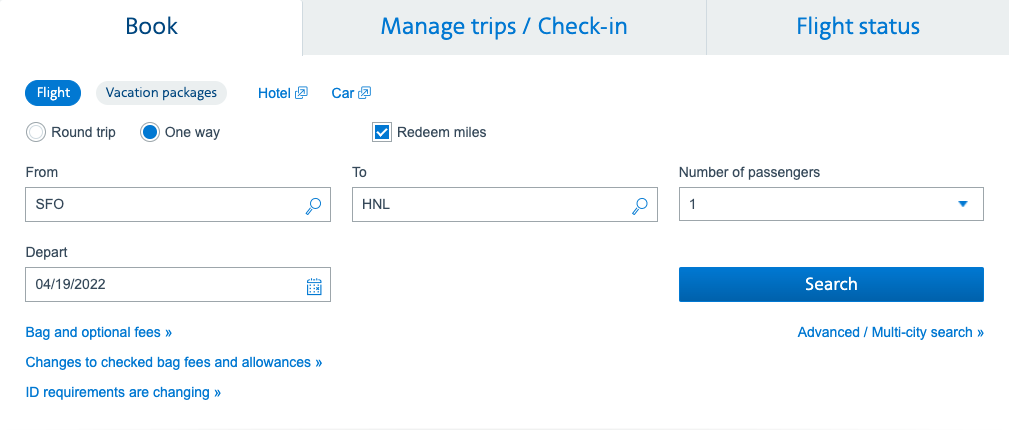 Searching for an award flight on AA.com