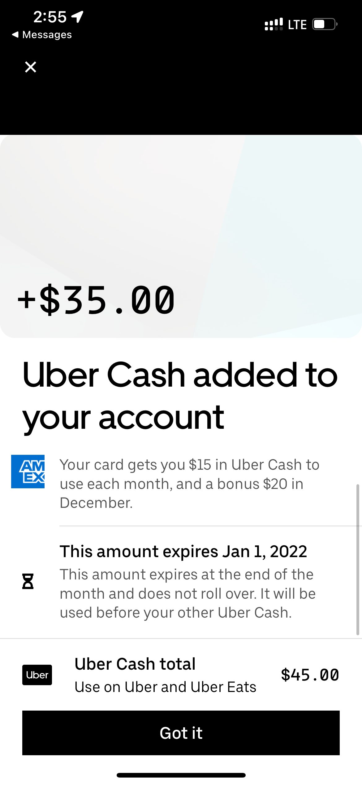 Extra Amex Uber credit. (Screenshot courtesy Uber)