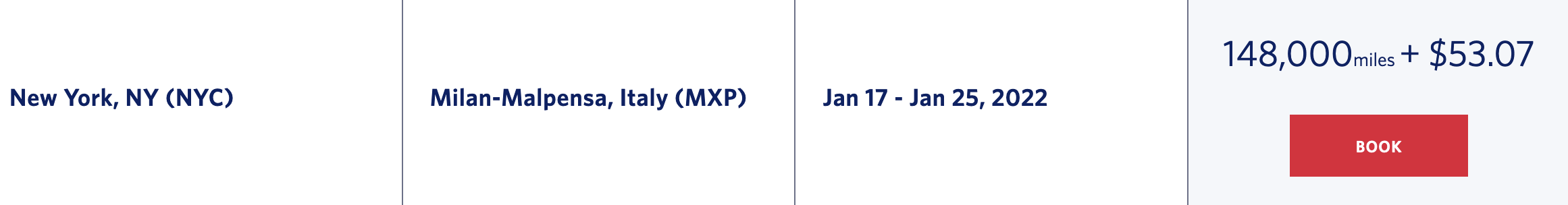 Delta SkyMiles award to Milan. (Screenshot courtesy Delta)