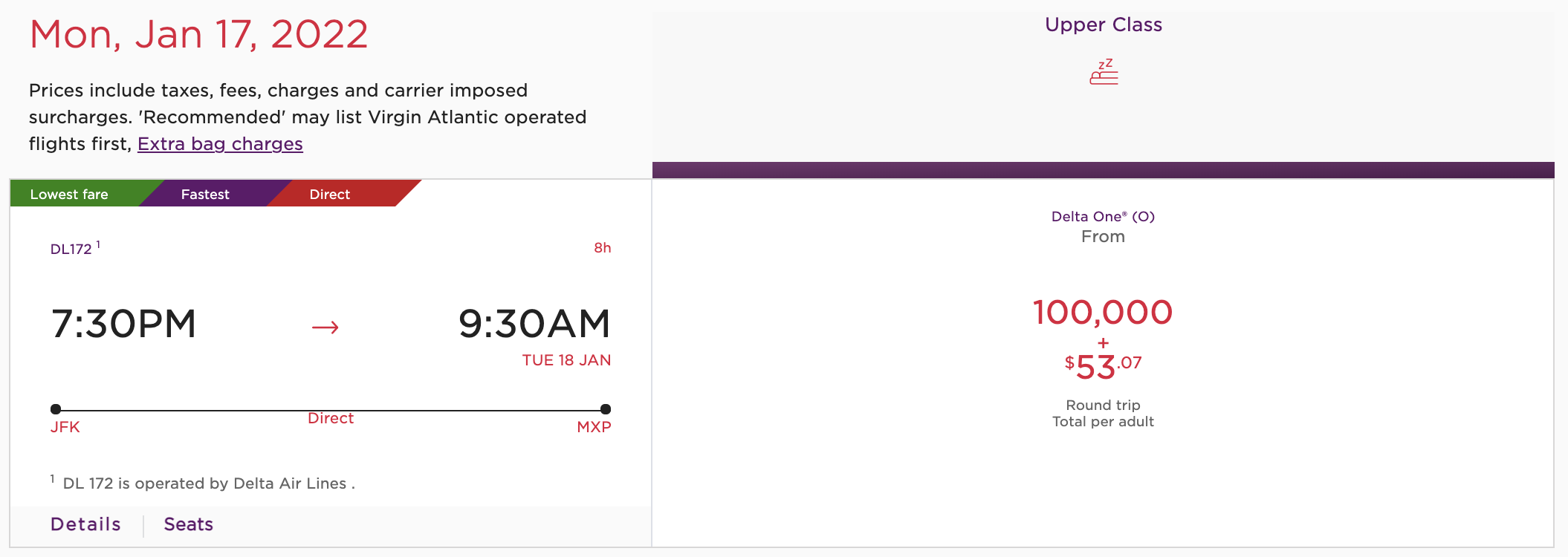 Virgin Atlantic Flying Club miles award to Milan. (Screenshot courtesy Virgin Atlantic)
