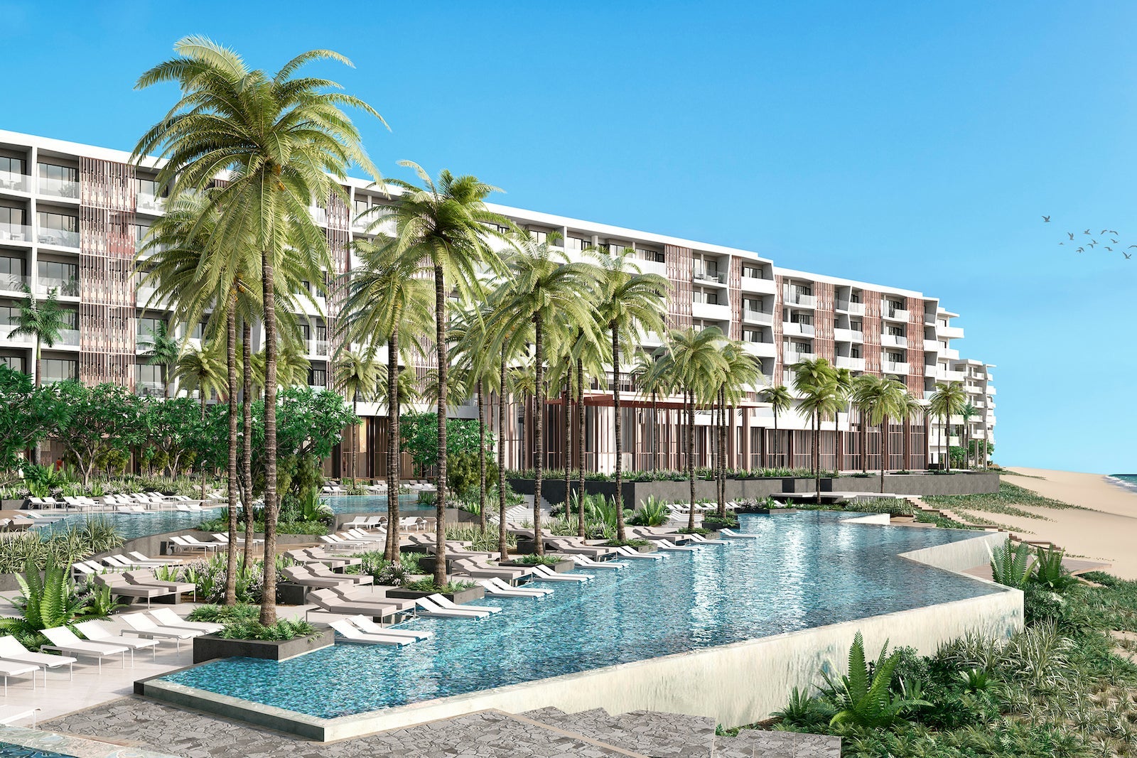 exterior of beach hotel with infinity pool
