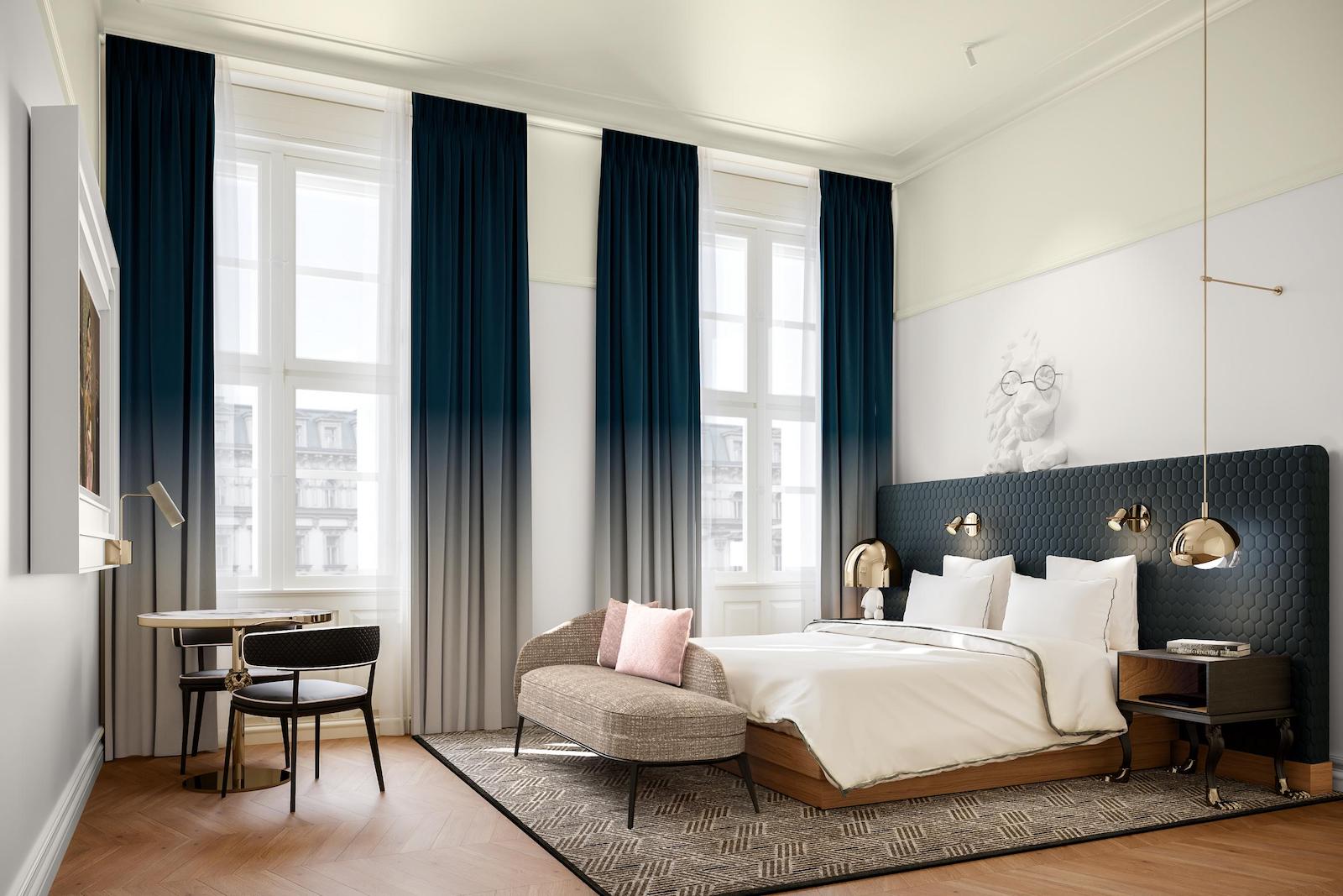 rendering of large, airy hotel room with tall, curtained windows, a bed with plush white linens and a table in the corner