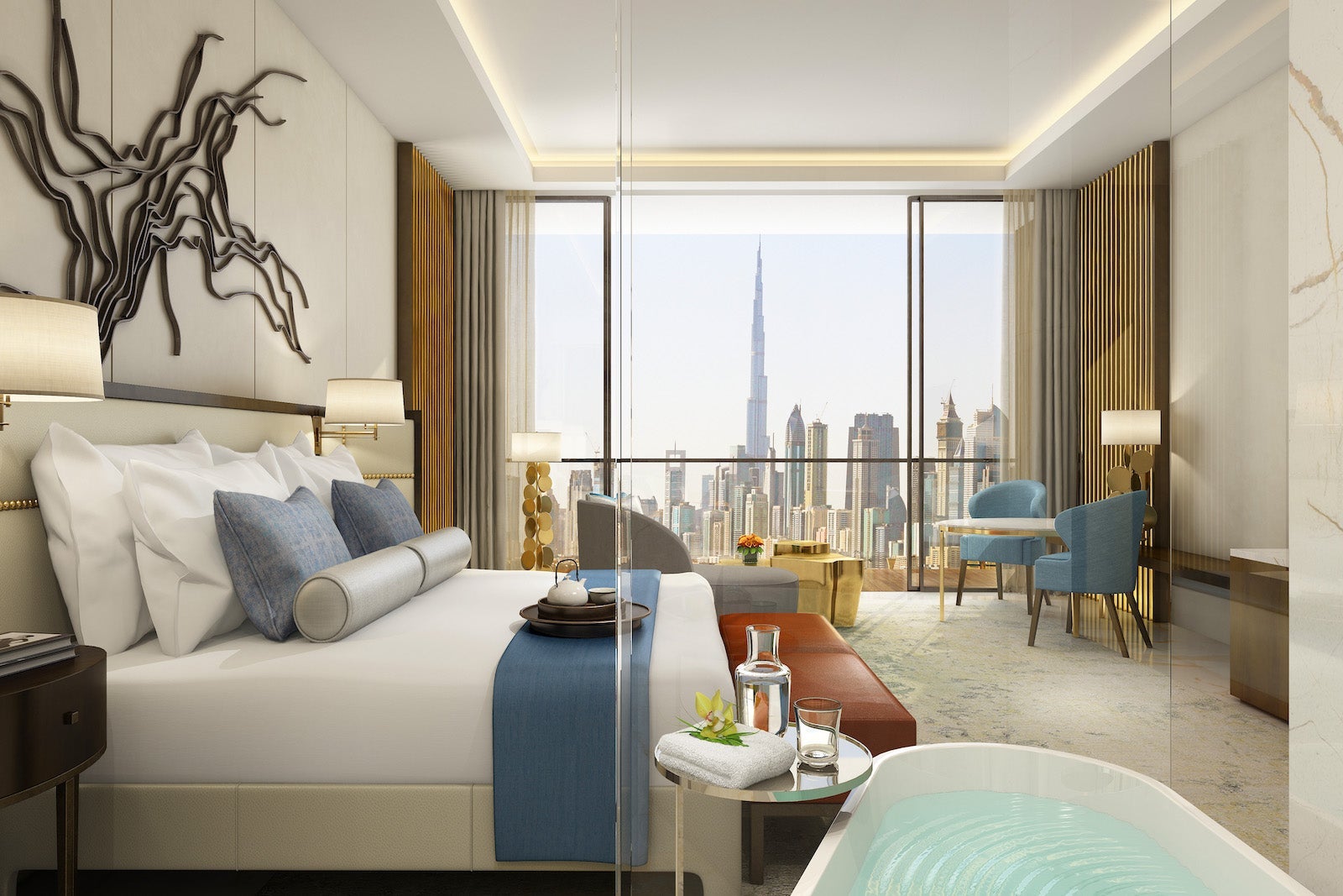 hotel room with views of Dubai skyline