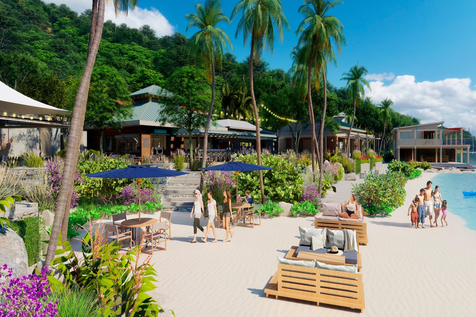 rendering of beach area with chairs and palm tress