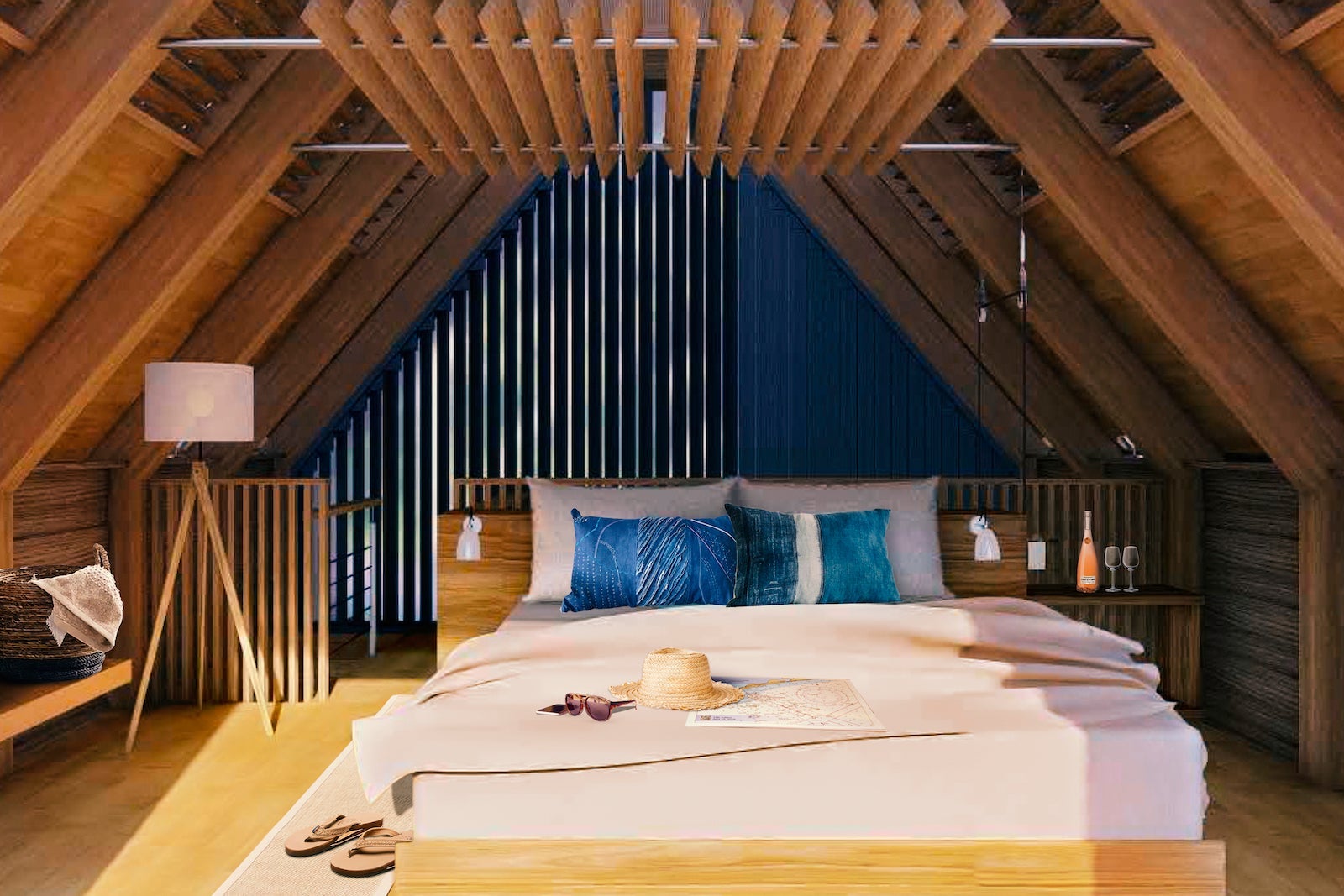 rendering of a-frame style room with wood beams and bed