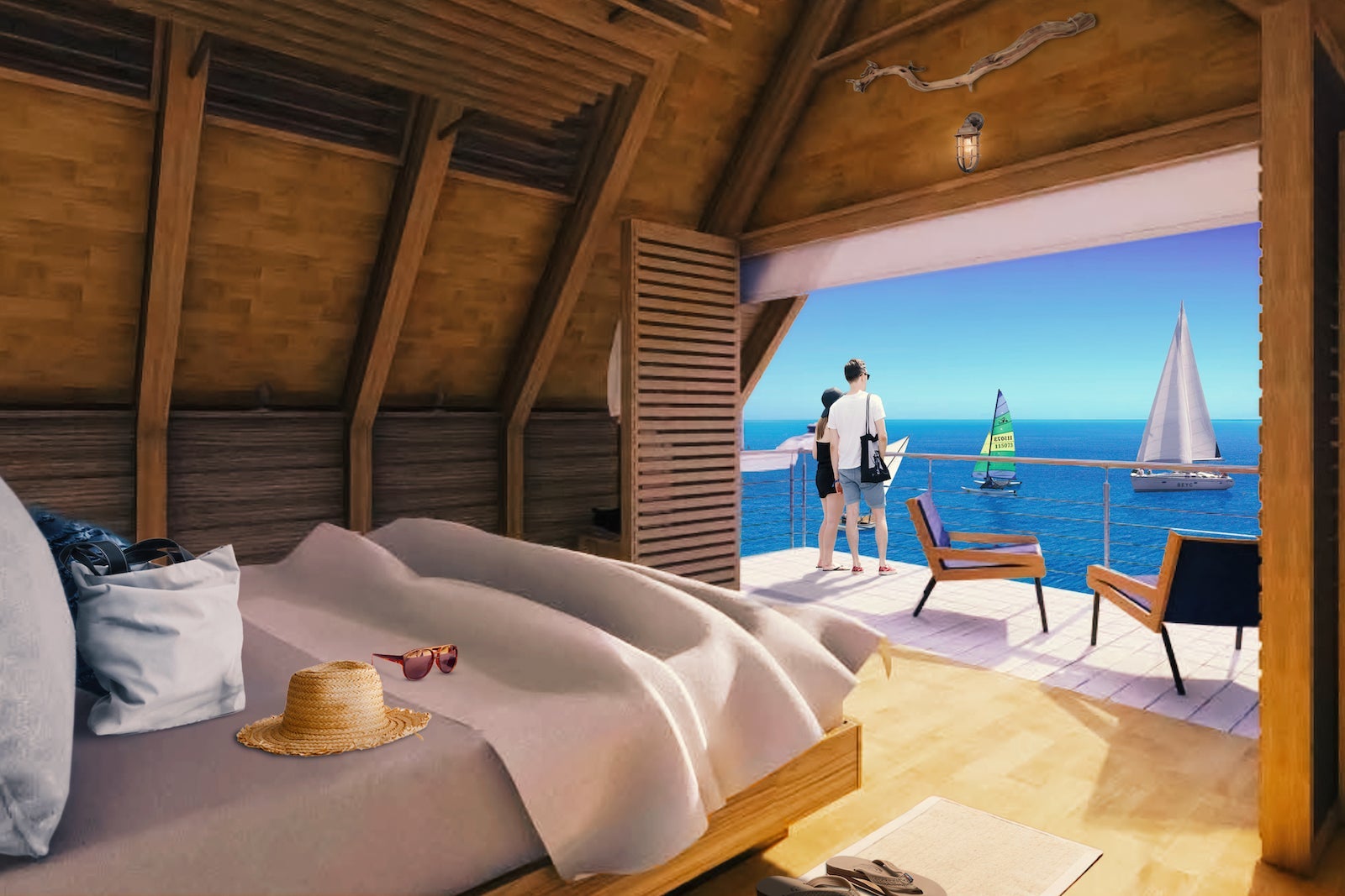 rendering of hotel room with balcony over the water