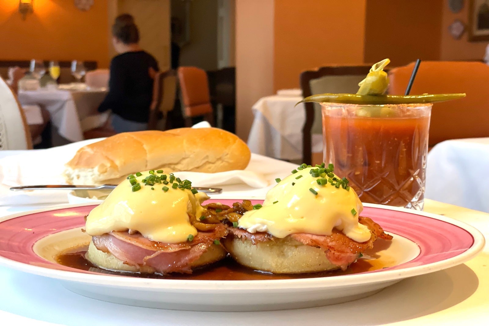 eggs Benedict, bread and bloody mary