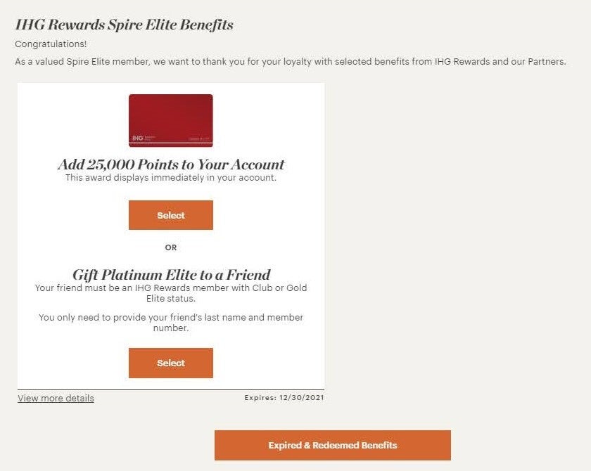 IHG spire elite choice benefit selection