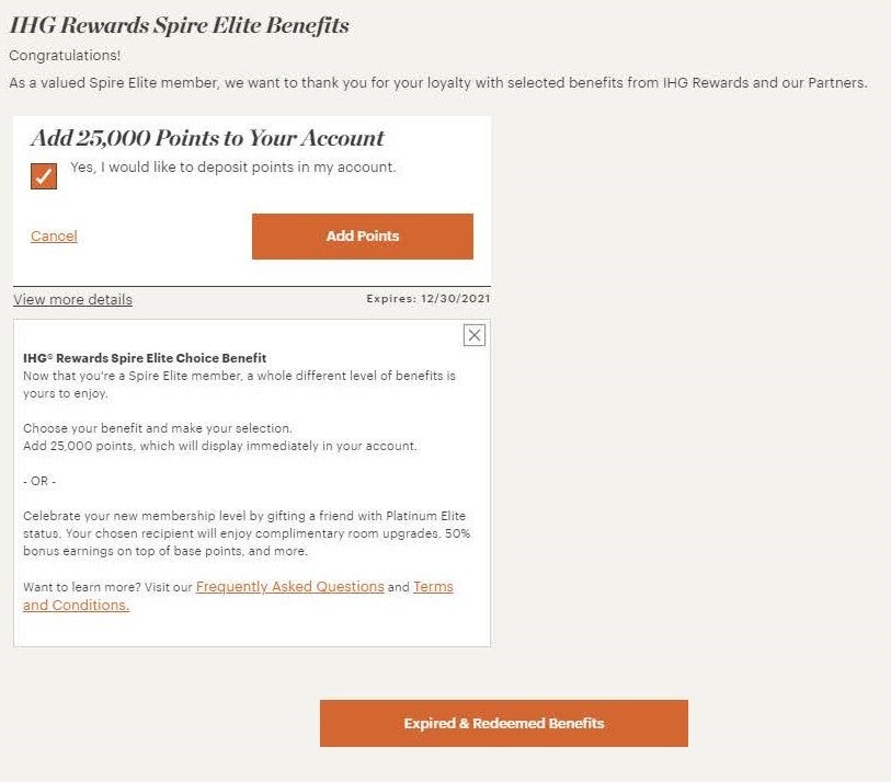 IHG spire elite choice benefit selection