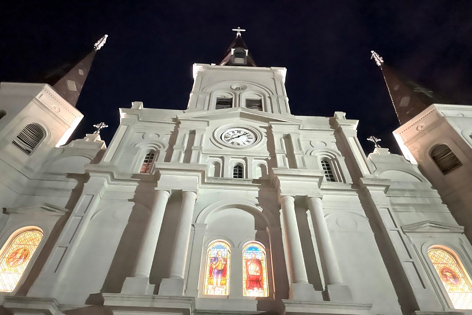 close up photo of St. Louis cathedral at night