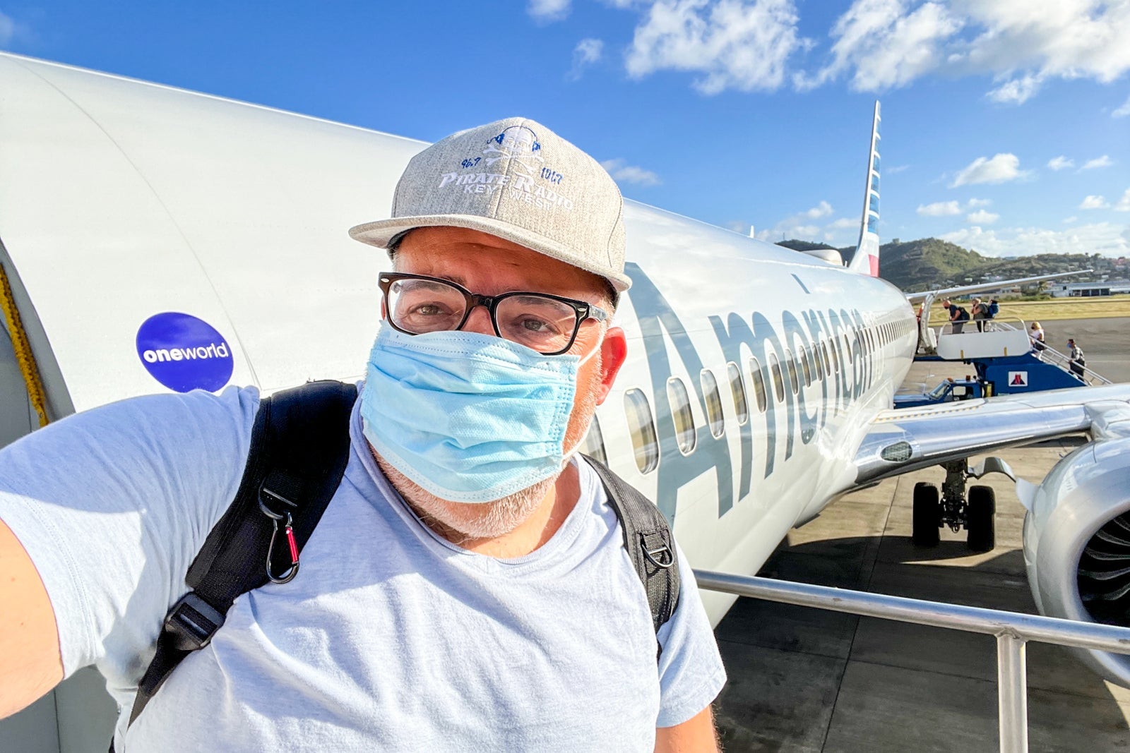 Chris Sloan boarding his American Airlines flight home after quarantine