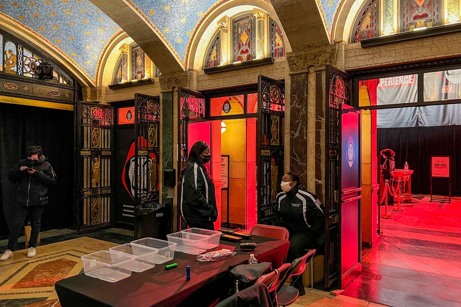 Security setup at the entrance to the NYC Money Heist experience in Brooklyn
