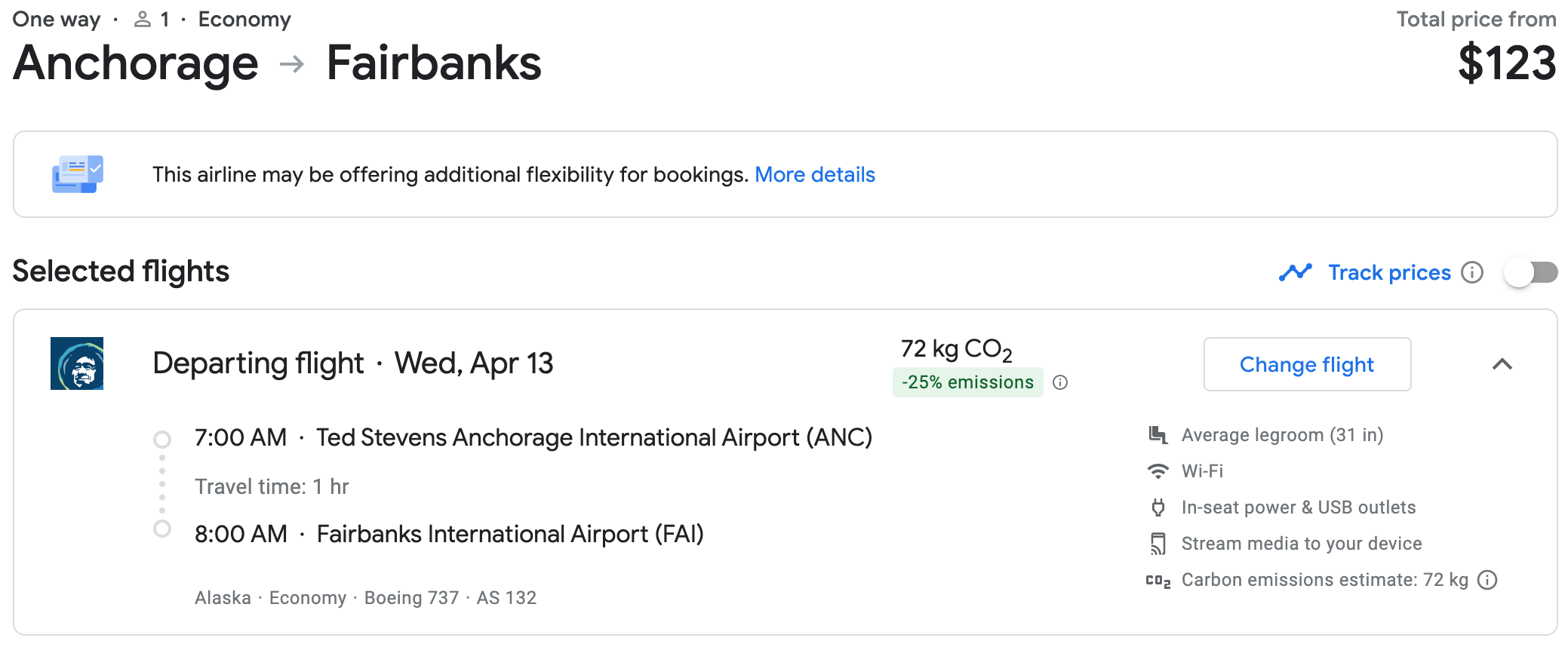 ANC to FAI Alaska flight on Google Flights