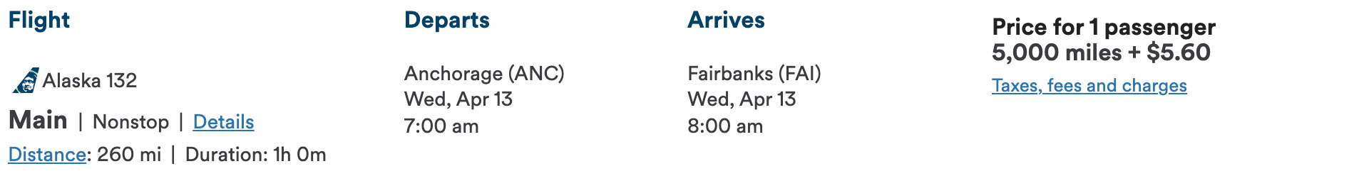 ANC to FAI award ticket on Alaska Airlines' website