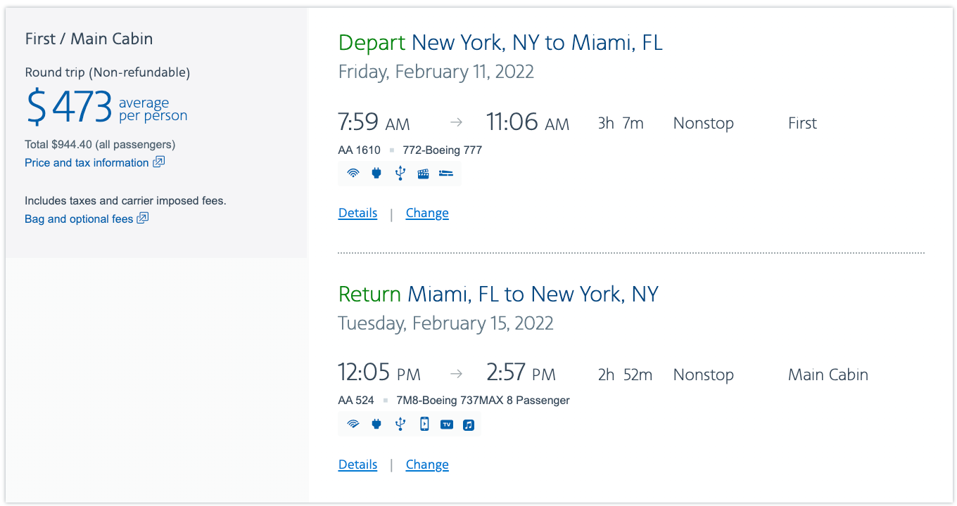 American Airlines award from JFK to MIA on Valentine's Day weekend