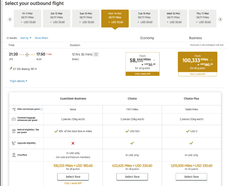 Award space on Etihad website