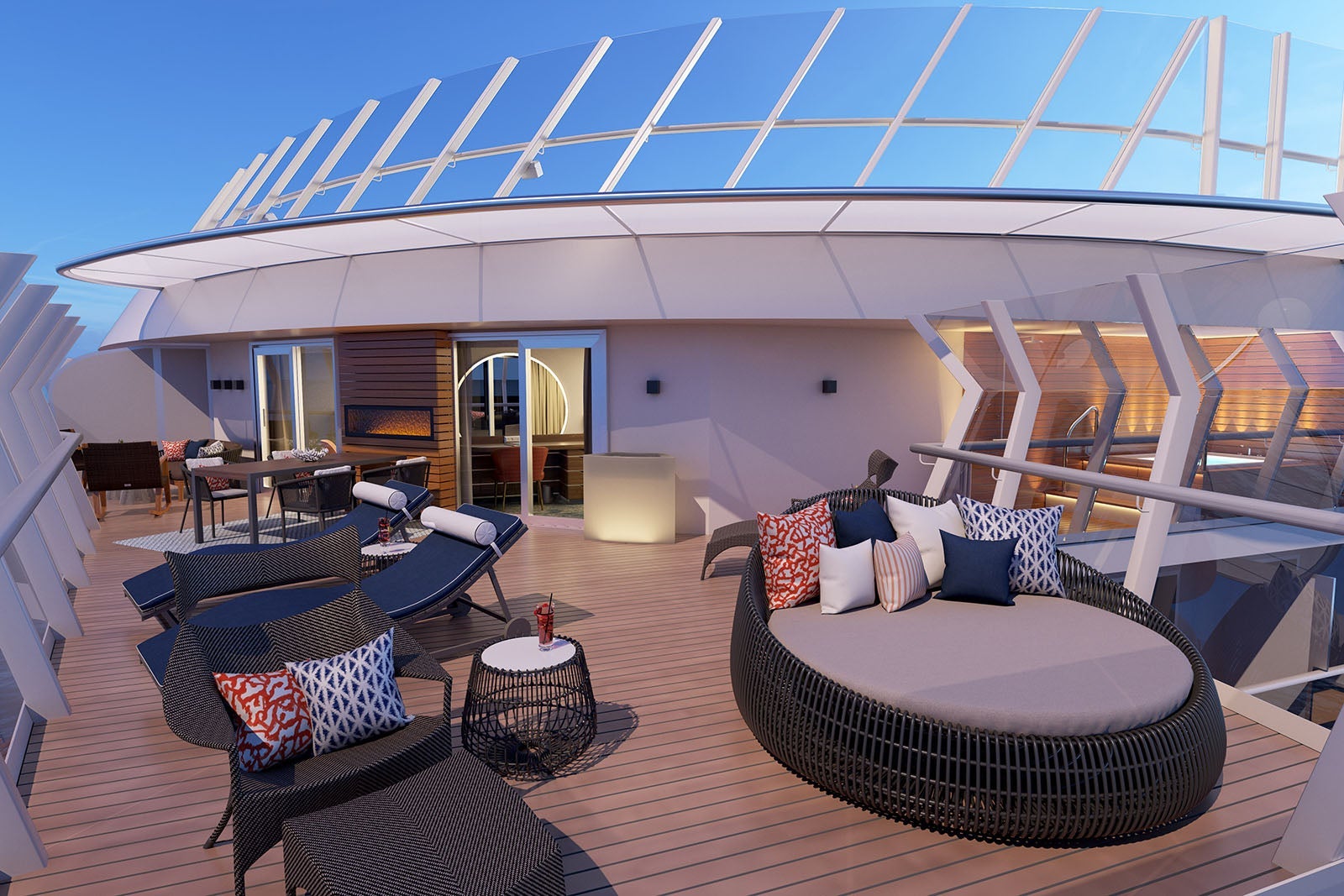 Day beds and loungers on large balcony of Carnival's Excel Presidential Suite