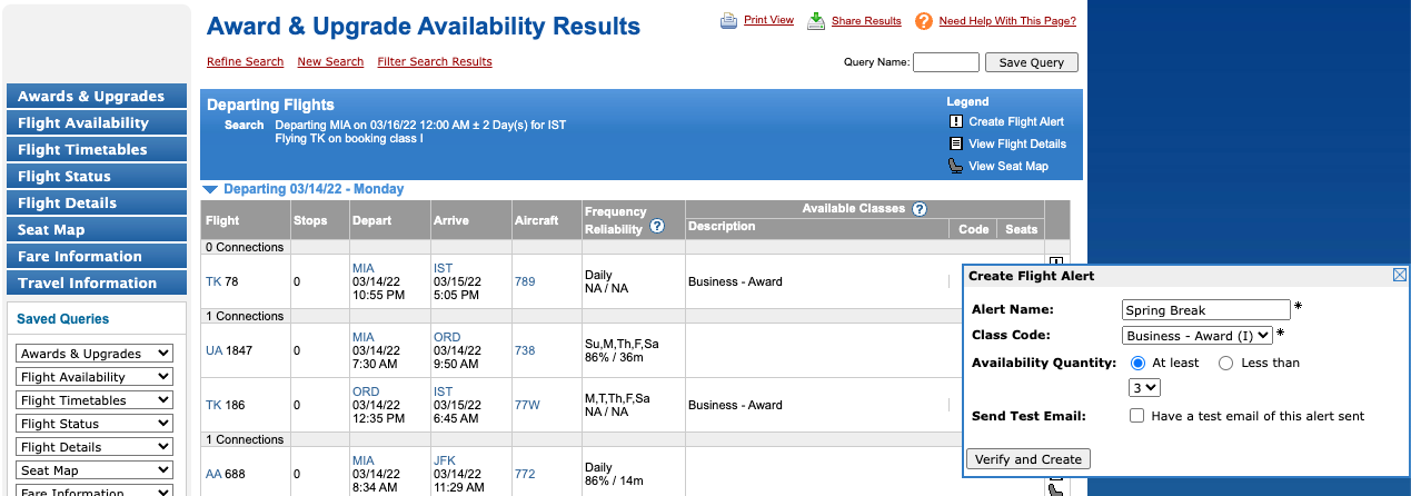 Creating an ExpertFlyer availability alert