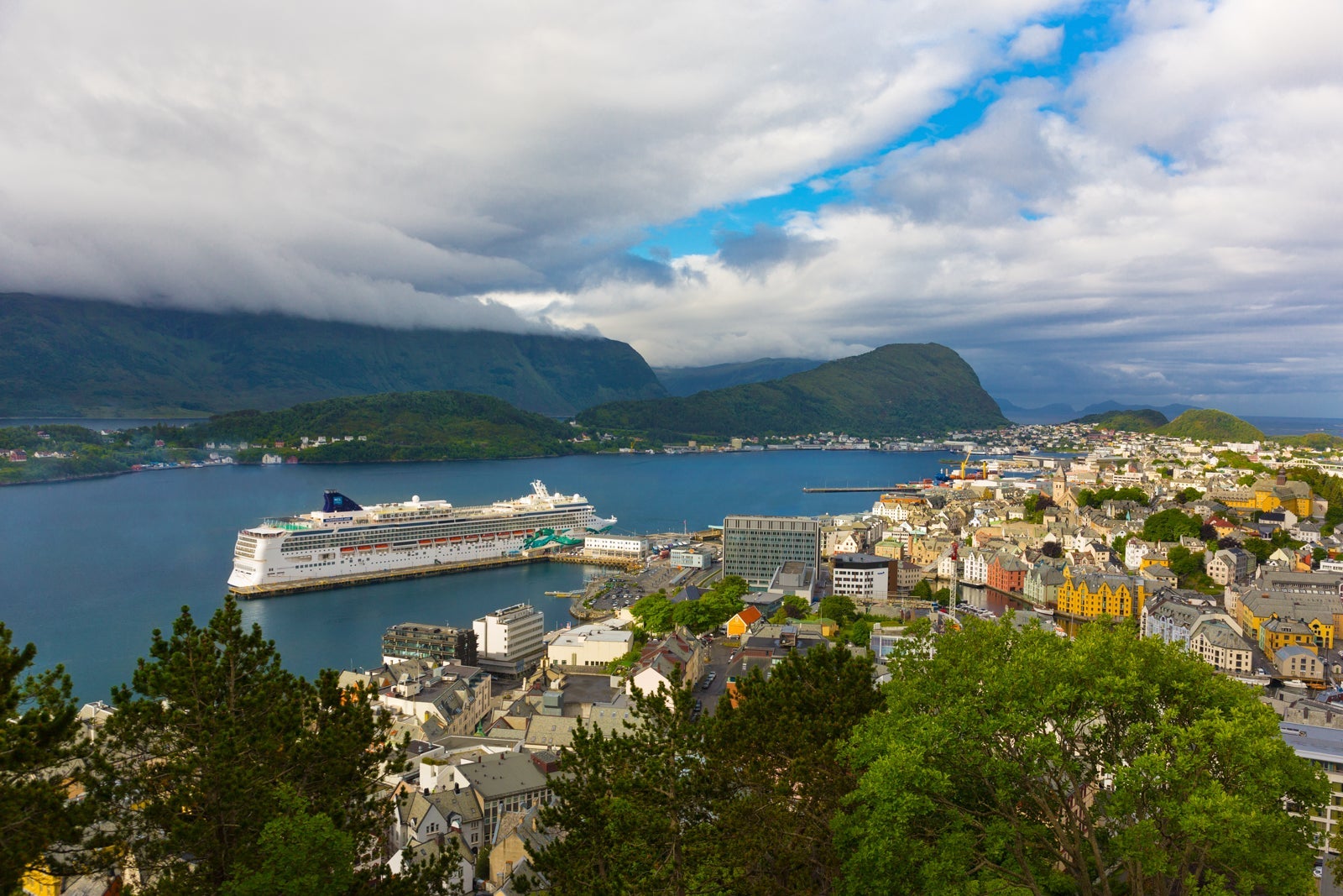 A cruise ship anchored in port with a town in the foreground and a mountain in the background