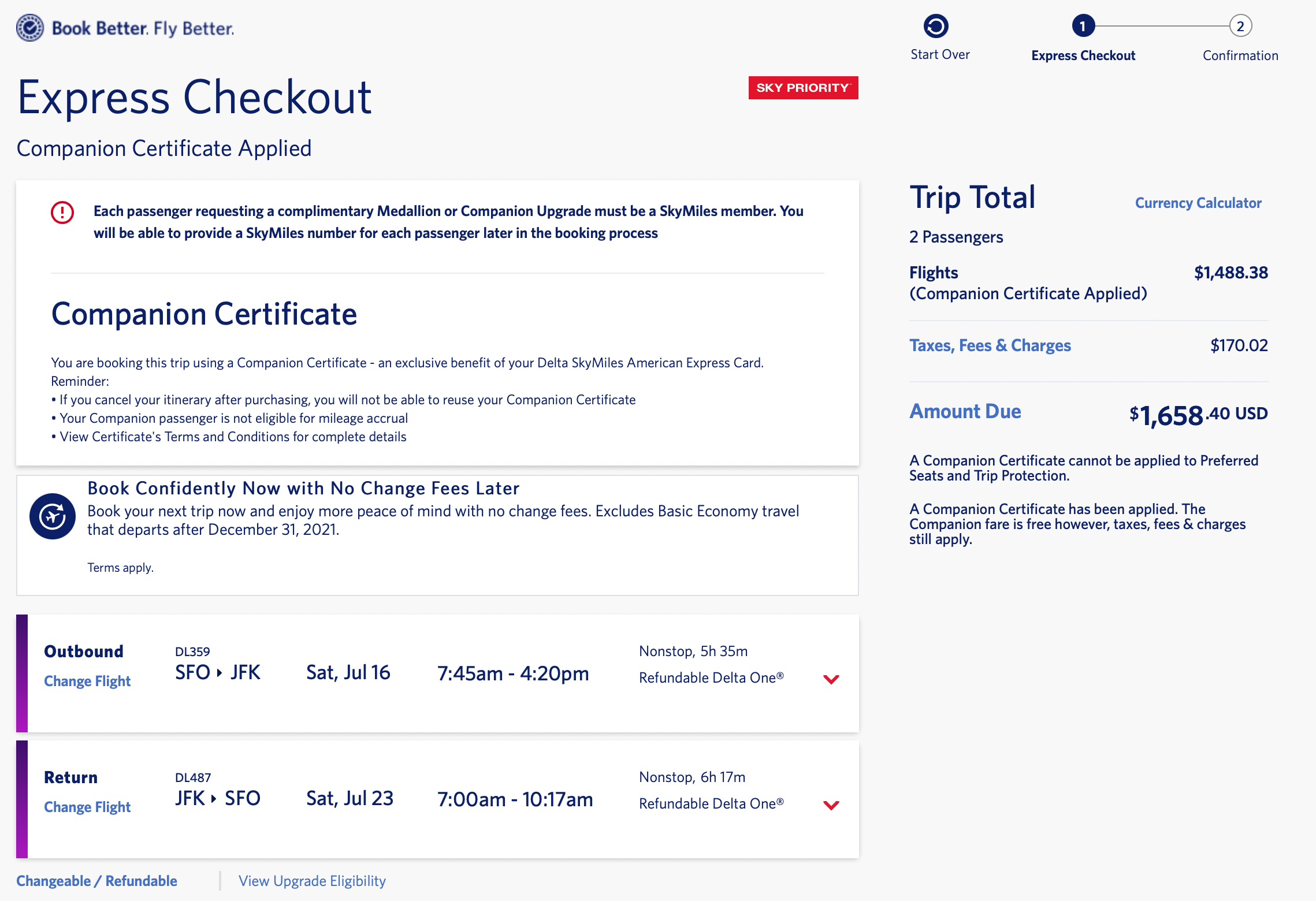 Screenshot showing cost of Delta One business class for two people using companion certificate between SFO and JFK