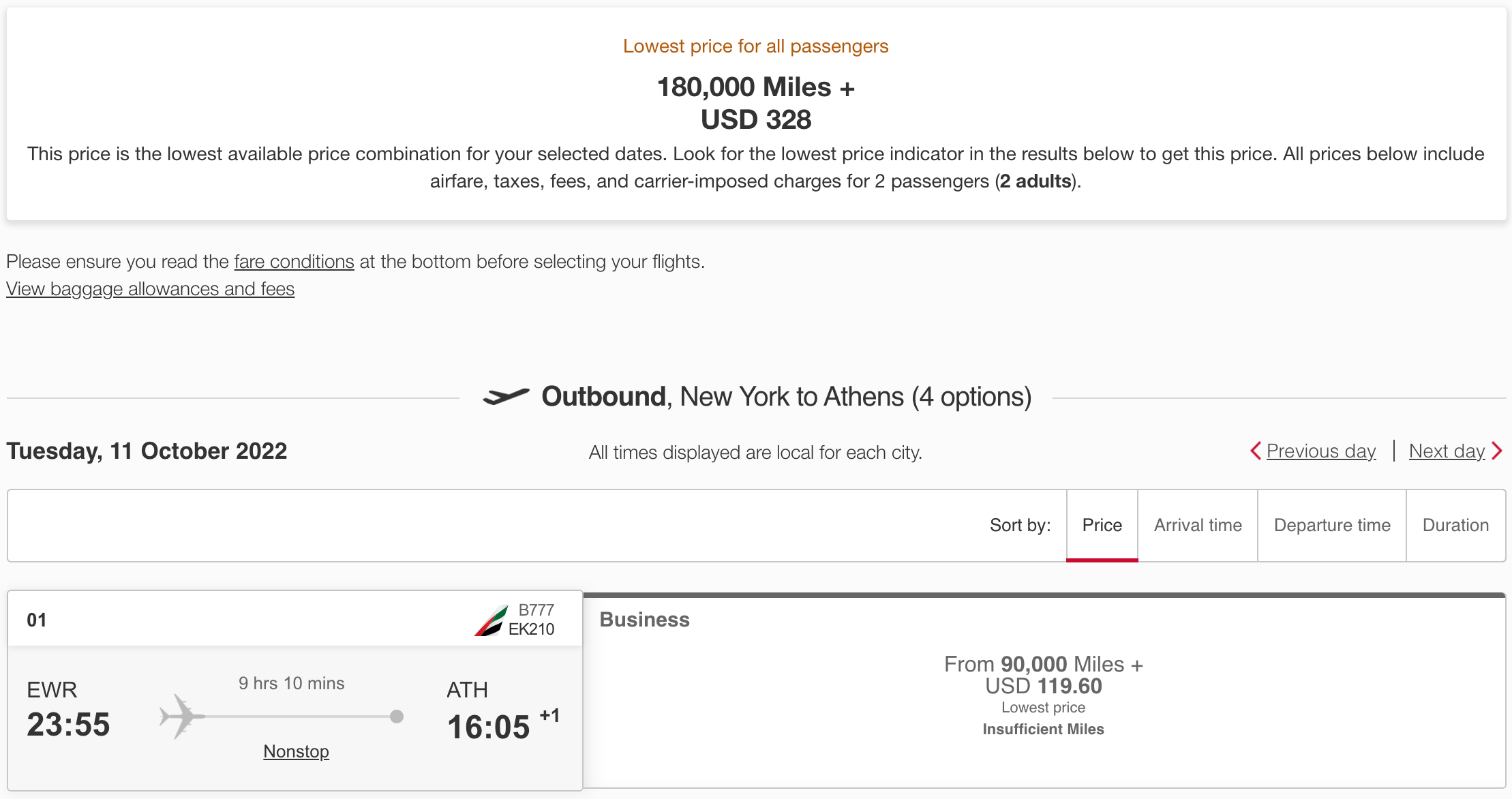 EWR to ATH award space for two in October