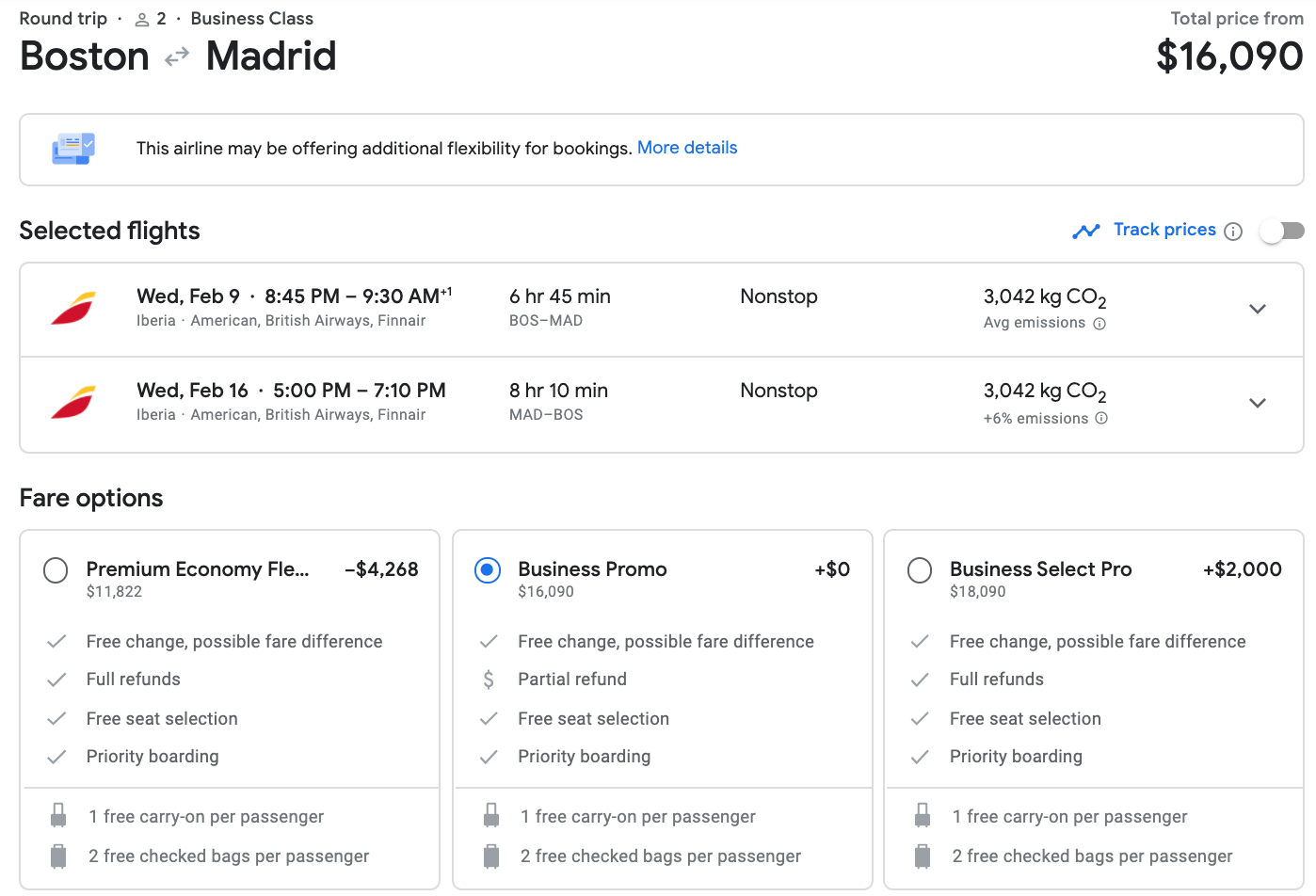 Google Flights itinerary from Boston to Madrid