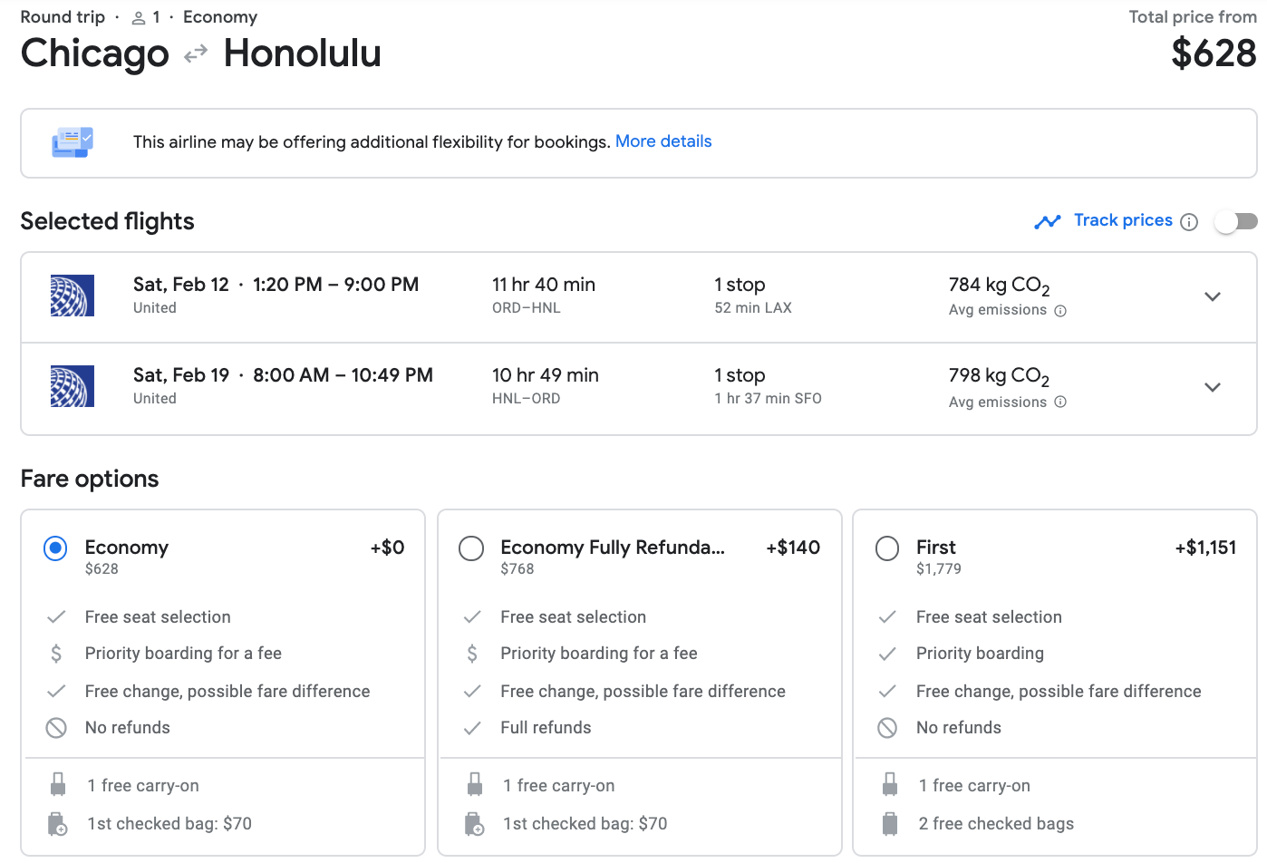 Google Flights itinerary from ORD to HNL