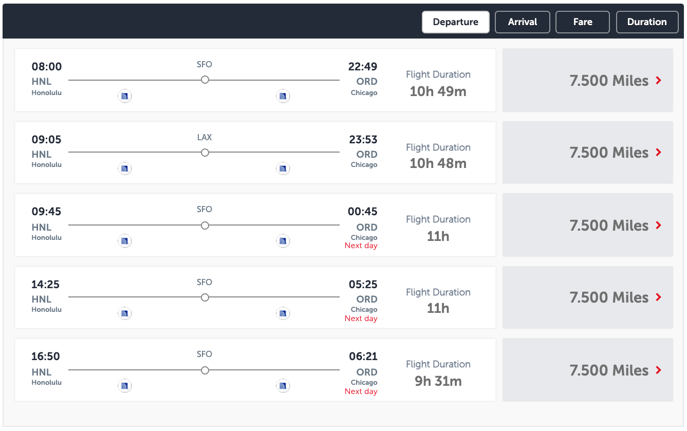 HNL to ORD award ticket