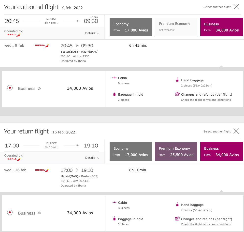 Iberia Boston to Madrid award space