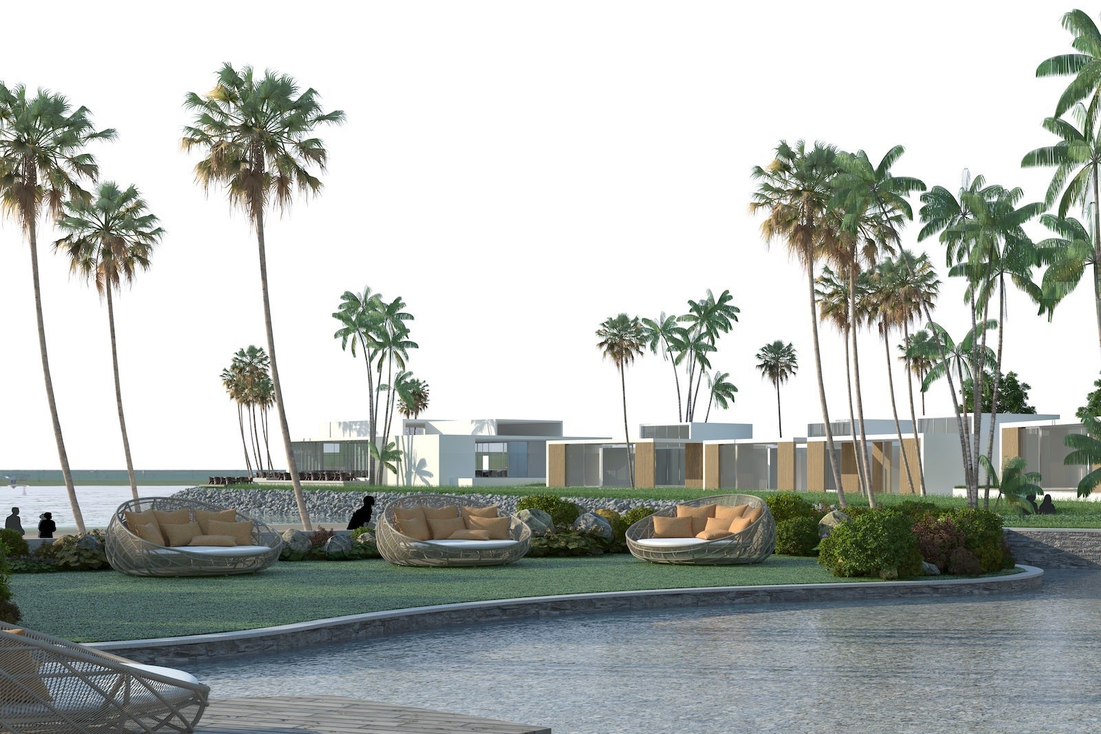 rendering of resort with pool and palm trees